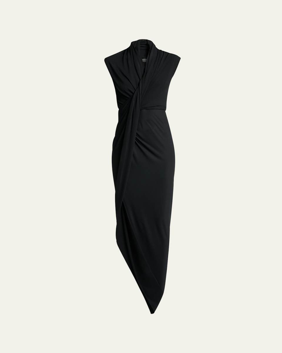 Draped Sleeveless Asymmetric Midi Dress